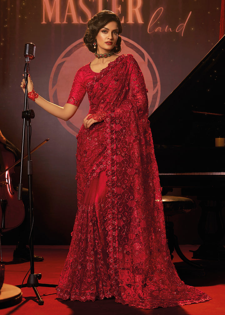Shop Now Bridal Party Charismatic Red Premium Net Designer Saree from Empress Clothing in USA, UK, Canada & Worldwide.