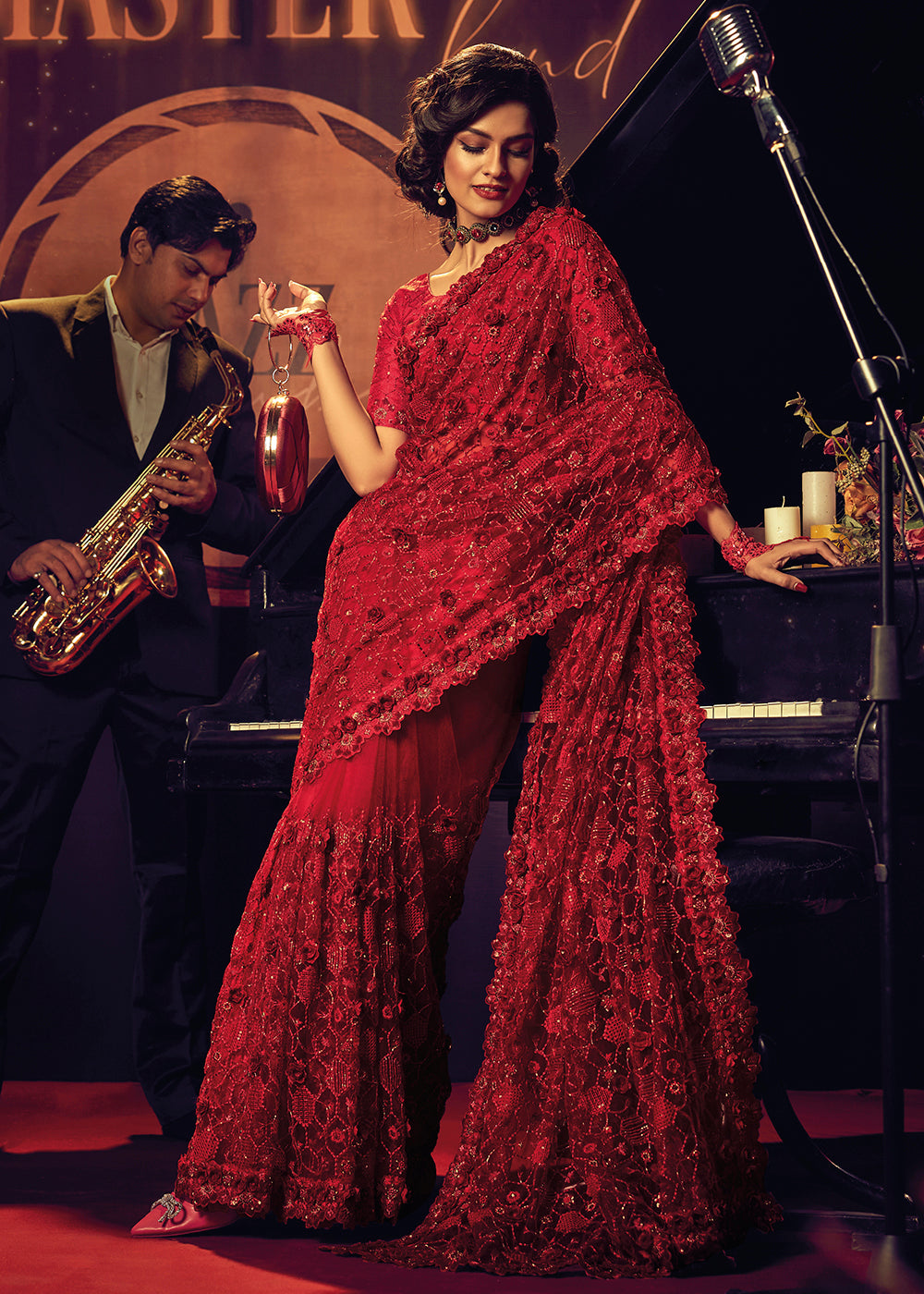 Bollywood Red Party Wear Saree Pink Red Designer Fancy Party Wear