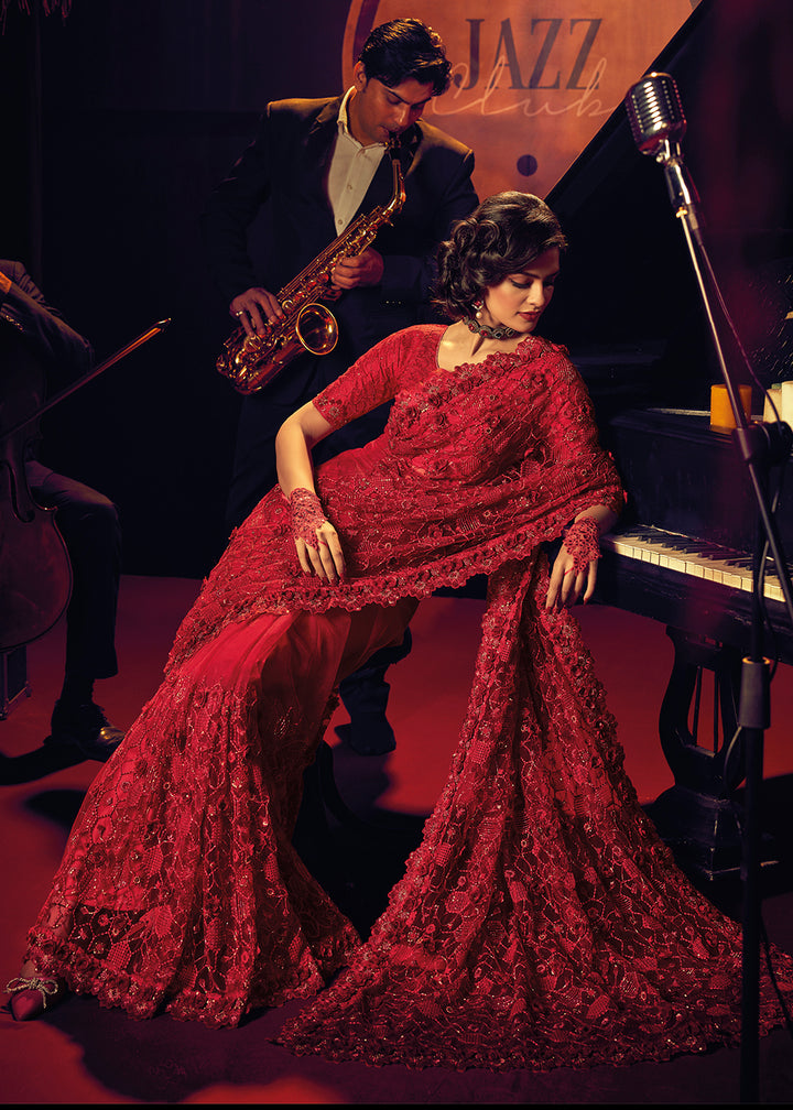 Shop Now Bridal Party Charismatic Red Premium Net Designer Saree from Empress Clothing in USA, UK, Canada & Worldwide.