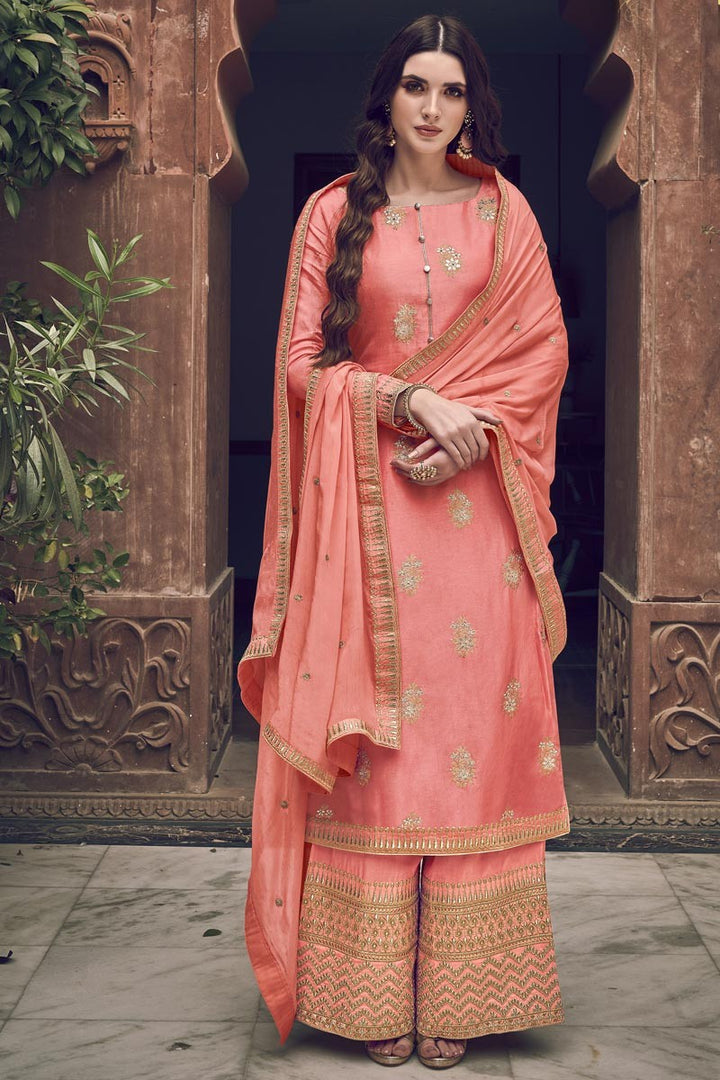 Elegant Peach Jacquard Embroidered Palazzo Style Suit