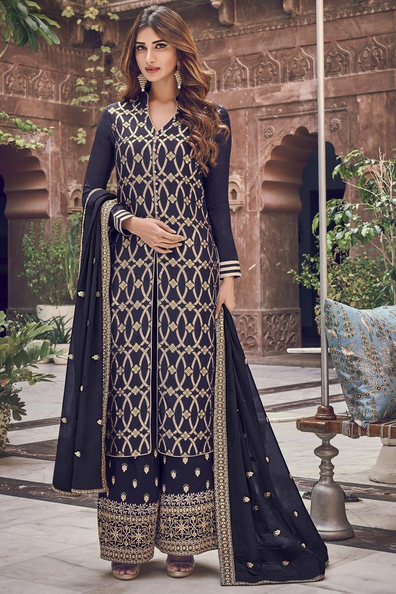 Ebony Clay Jacquard Embroidered Palazzo Style Suit