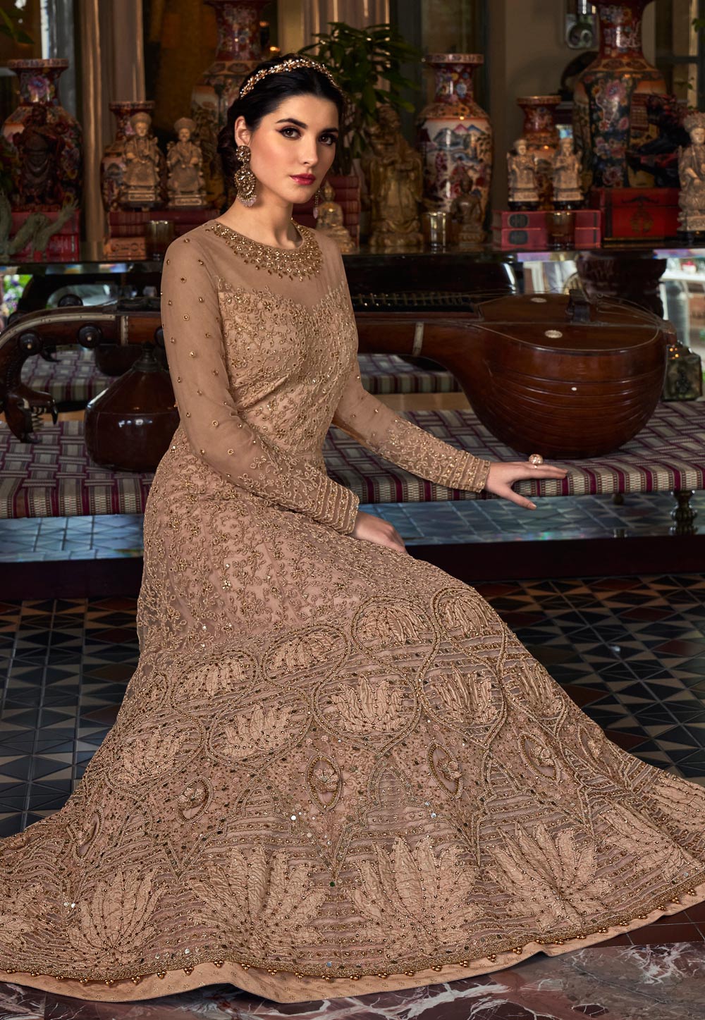 Enchanting Brown Net Embroidered Designer Anarkali Suit