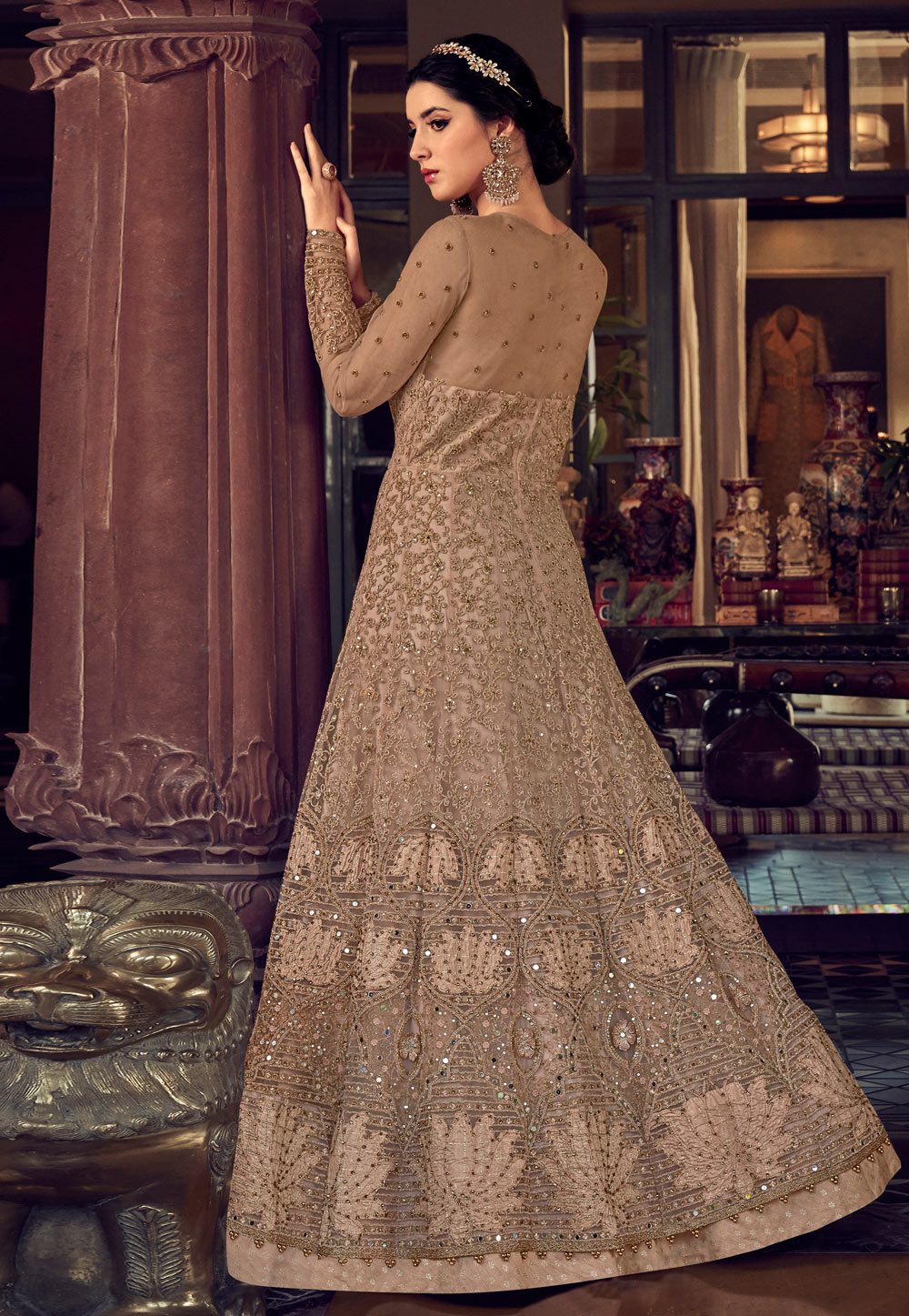 Enchanting Brown Net Embroidered Designer Anarkali Suit