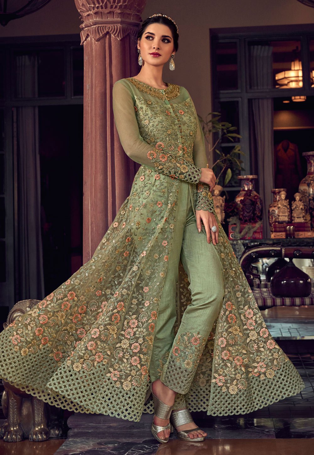 Splendid Green Anarkali - Front Slit Lehenga Style Anarkali Suit
