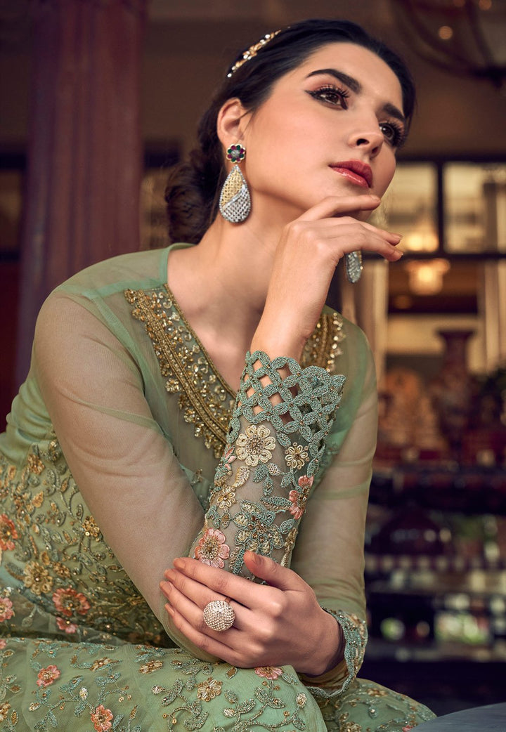 Splendid Green Net Front Slit Lehenga Style Anarkali Suit