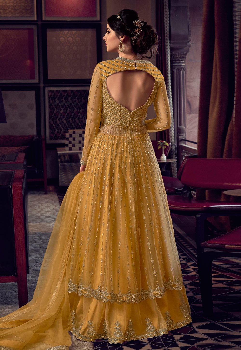 Tempting Yellow Net Embroidered Designer Anarkali Suit