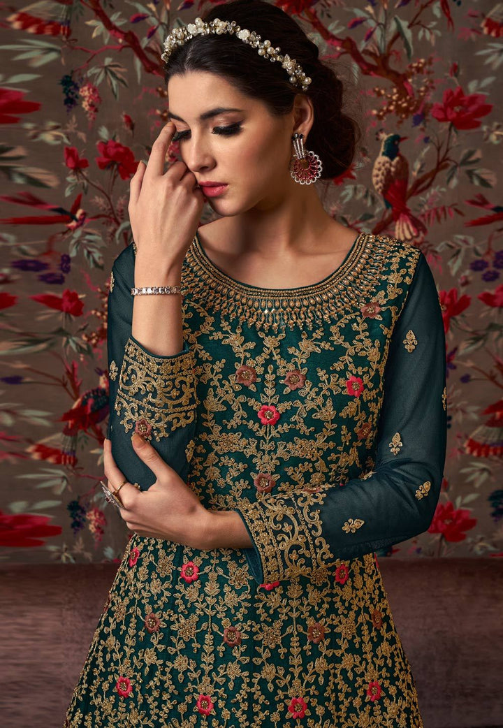 Enamoring Green Net Embroidered Designer Jacket Anarkali Suit