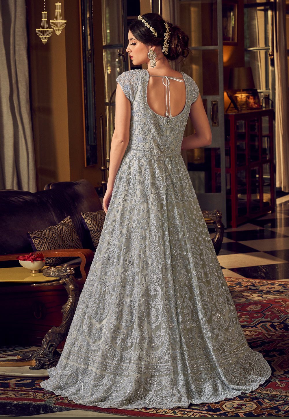Enchanting Grey Net Embroidered Designer Anarkali Suit
