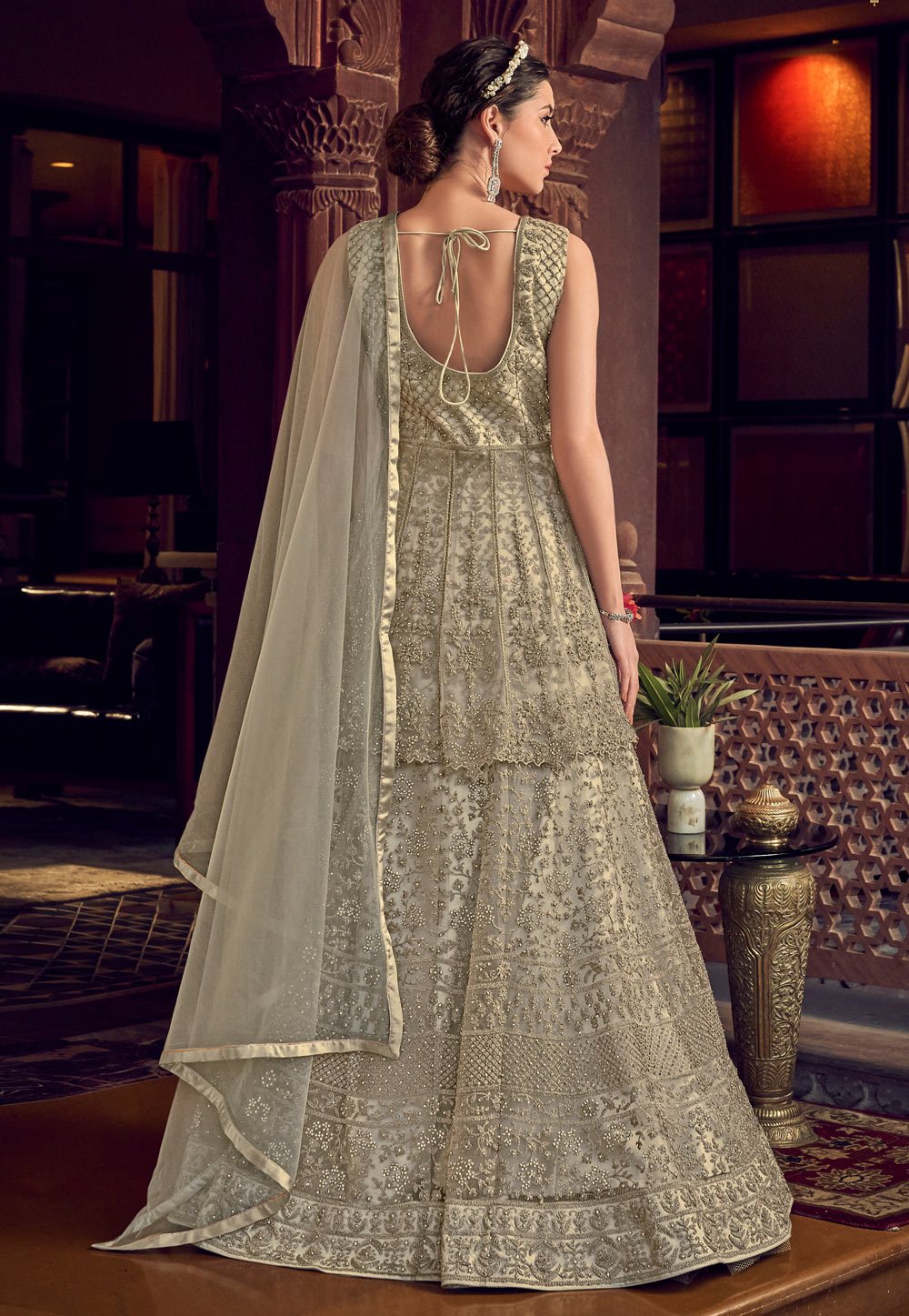 Classic Off-White Net Embroidered Designer Anarkali Suit