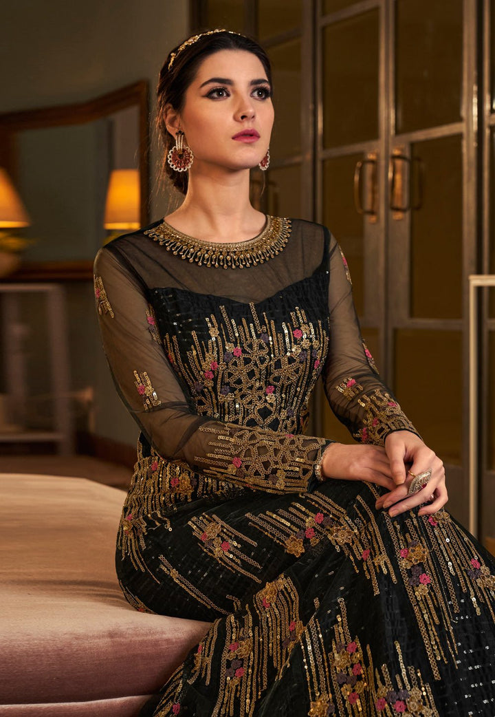 Royal Black Net Embroidered Designer Anarkali Suit
