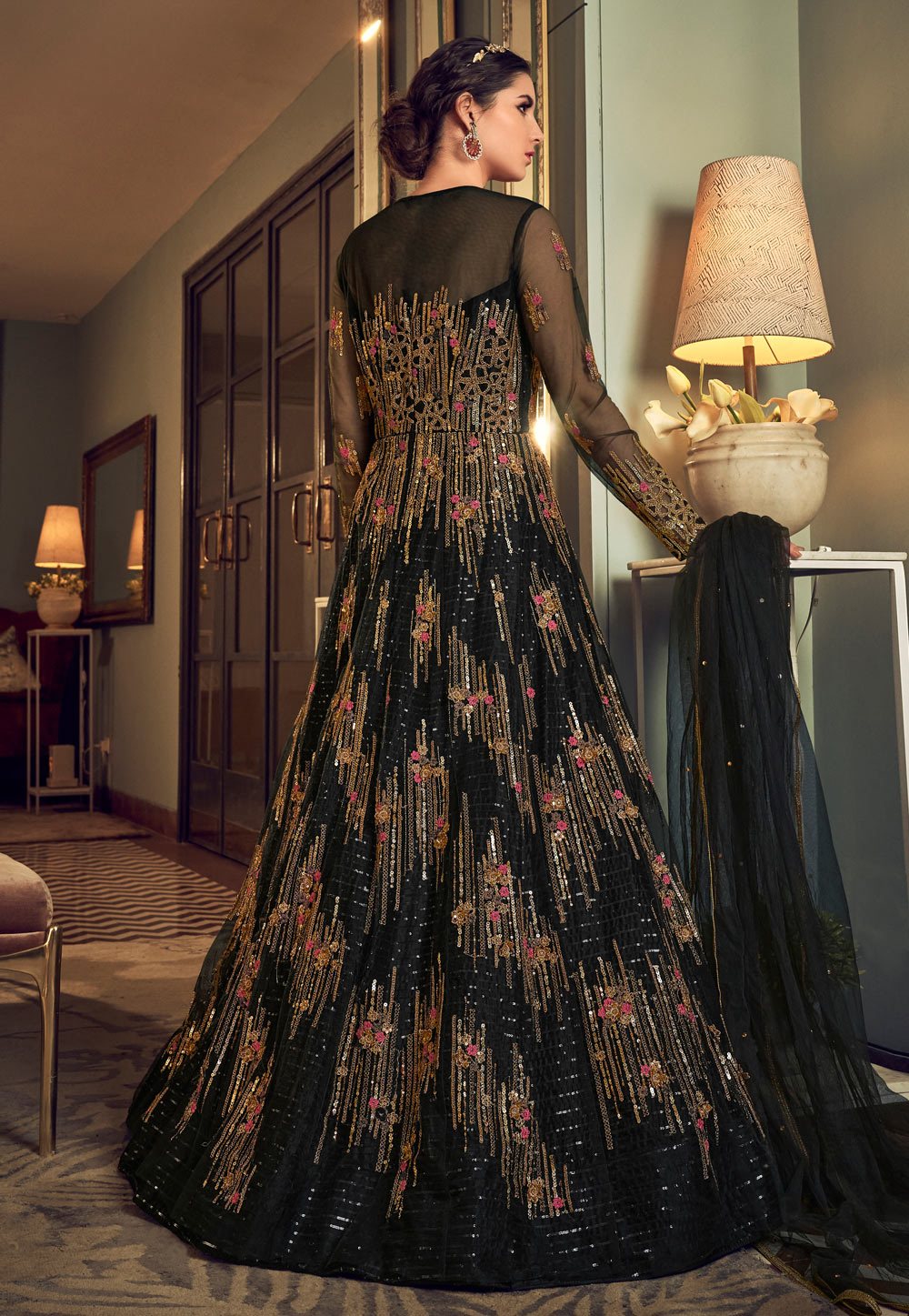 Royal Black Net Embroidered Designer Anarkali Suit