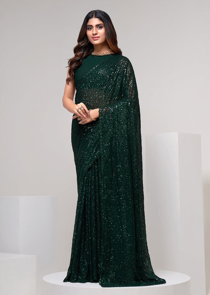Buy Now Dark Green Thread & Multi Sequins Work Party Wear Saree Online in USA, UK, Canada & Worldwide at Empress Clothing.