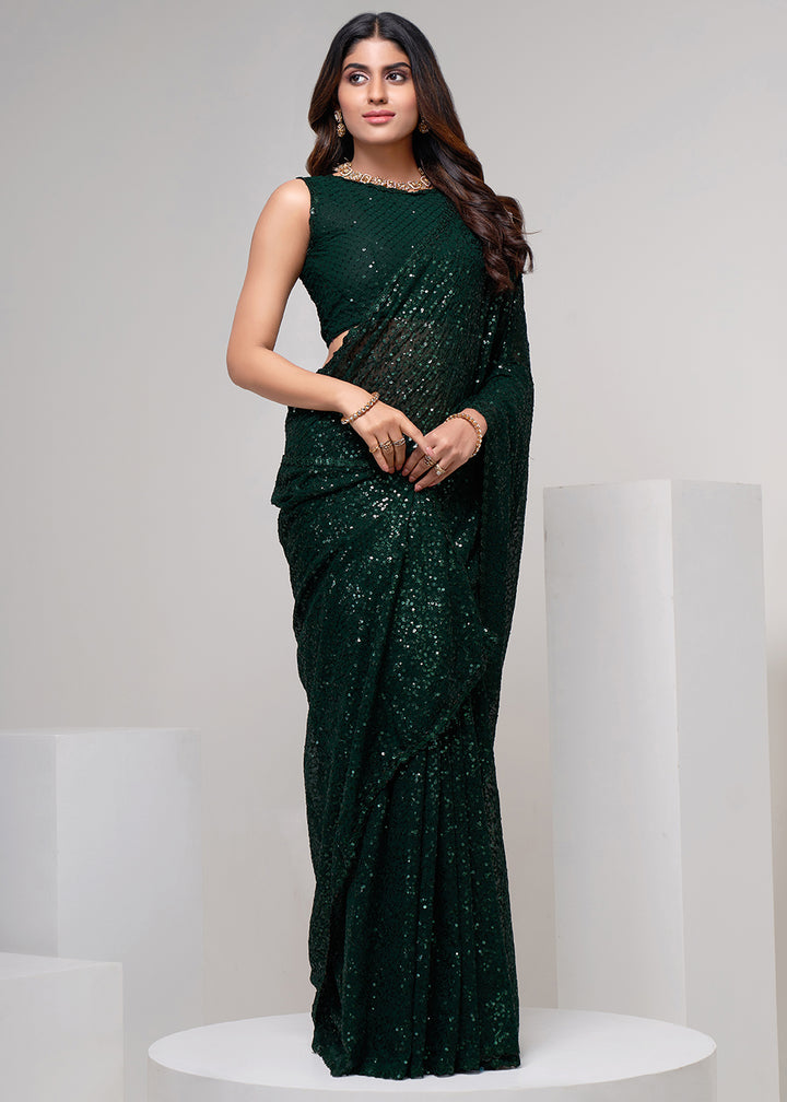 Buy Now Dark Green Thread & Multi Sequins Work Party Wear Saree Online in USA, UK, Canada & Worldwide at Empress Clothing.