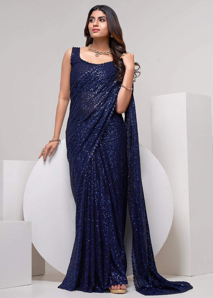 Buy Party Wear Saree - Navy Blue Thread & Multi Sequins Work Saree –  Empress Clothing