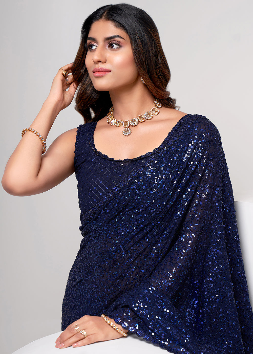Buy Now Navy Blue Thread & Multi Sequins Work Party Wear Saree Online in USA, UK, Canada & Worldwide at Empress Clothing.