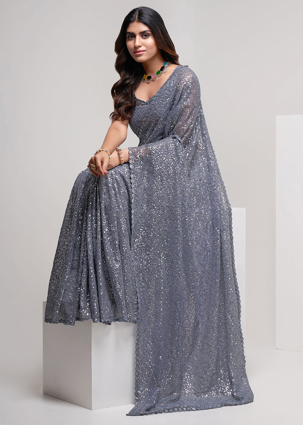 Buy Now Slate Grey Thread & Multi Sequins Work Party Wear Saree Online in USA, UK, Canada & Worldwide at Empress Clothing. 