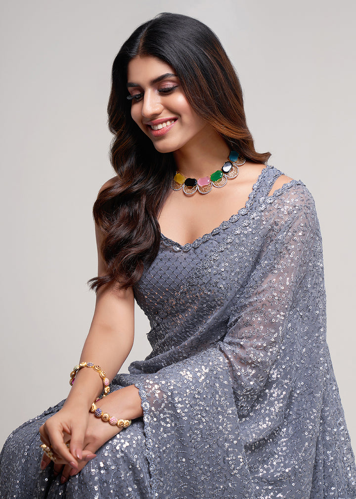 Buy Now Slate Grey Thread & Multi Sequins Work Party Wear Saree Online in USA, UK, Canada & Worldwide at Empress Clothing. 