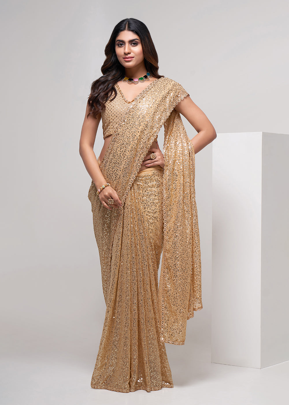 Buy Now Gold Beige Thread & Multi Sequins Work Party Wear Saree Online in USA, UK, Canada & Worldwide at Empress Clothing.