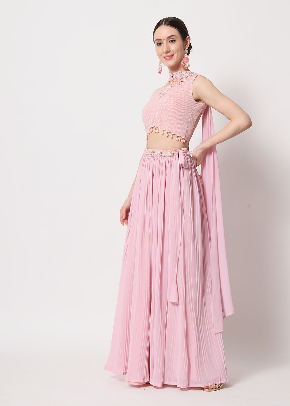 Buy Now Party Wear Beauteous Pink Georgette Crushed Lehenga Choli Online in USA, UK, Canada & Worldwide at Empress Clothing. 