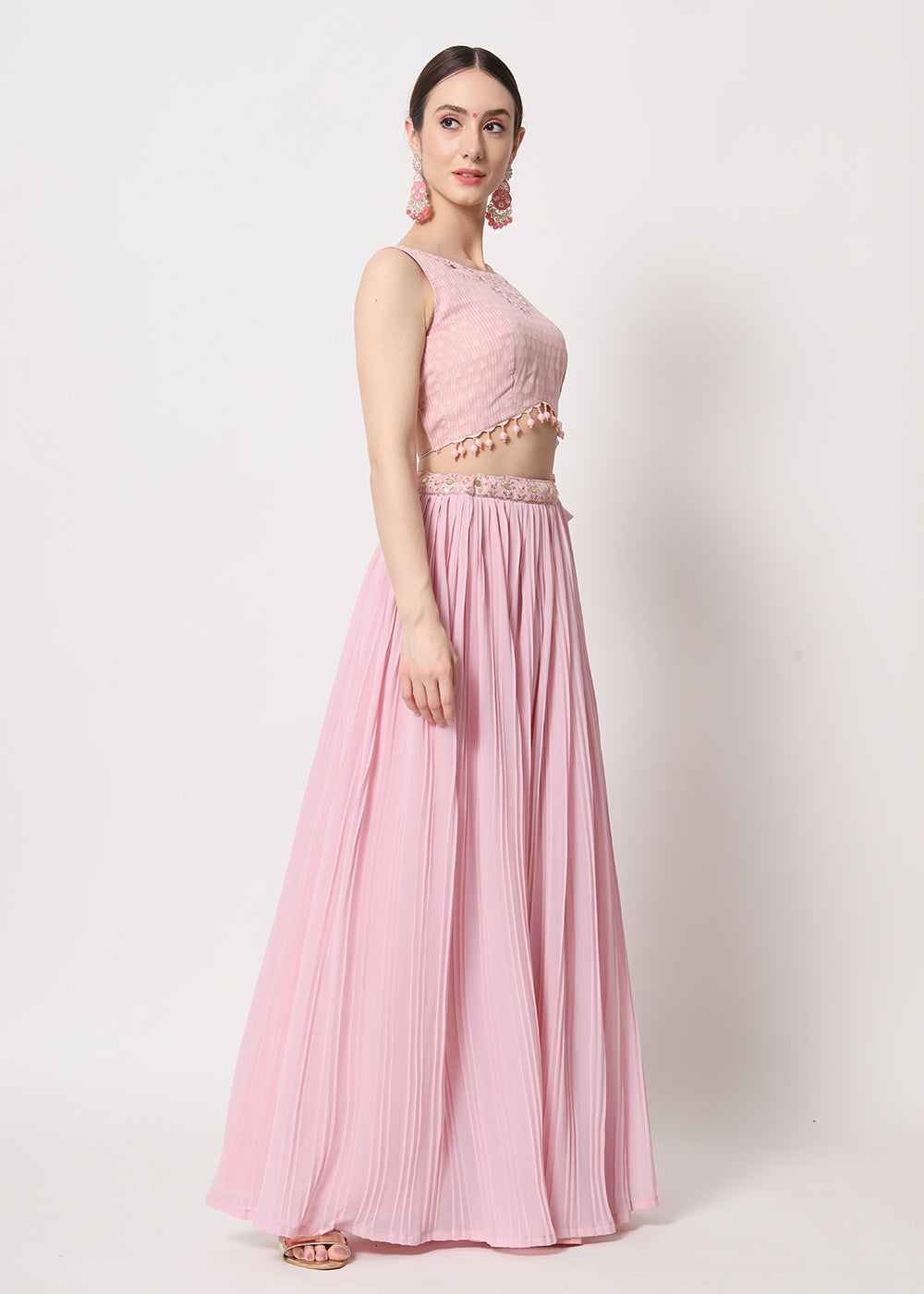 Buy Now Party Wear Beauteous Pink Georgette Crushed Lehenga Choli Online in USA, UK, Canada & Worldwide at Empress Clothing. 