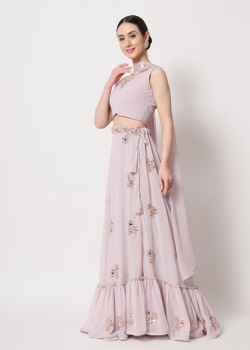 Buy Now Party Wear Attractive Dusky Pink Georgette Patterned Lehenga Choli Online in USA, UK, Canada & Worldwide at Empress Clothing.