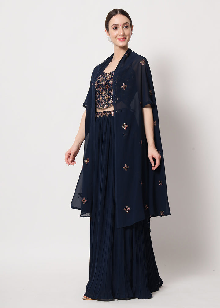 Buy Now Party Wear Stunning Navy Blue Georgette Crushed Lehenga Choli Online in USA, UK, Canada & Worldwide at Empress Clothing. 