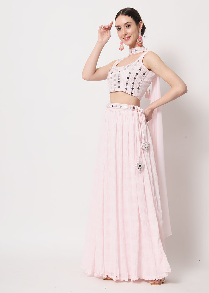 Buy Now Party Wear Elegant Baby Pink Georgette Crushed Lehenga Choli Online in USA, UK, Canada & Worldwide at Empress Clothing.