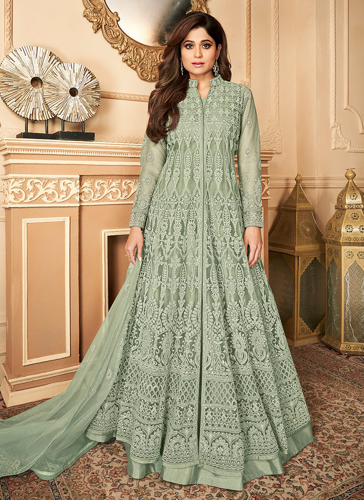 Tempting Pastel Green Anarkali - Shamita Shetty Designer Anarkali