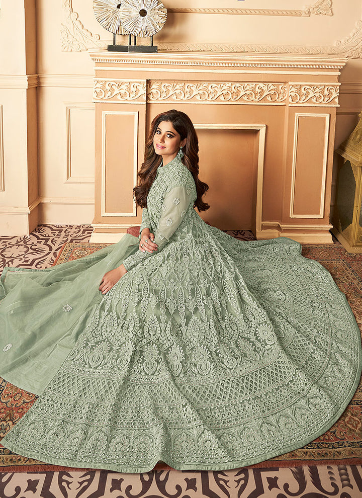Tempting Pastel Green Shamita Shetty Designer Anarkali