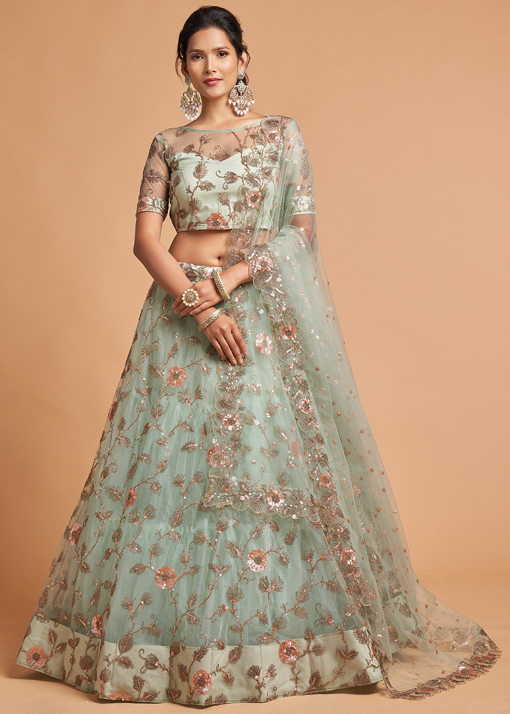 RE - Trendy Embroidered Silk semi-stitched Indo Western - Lehengas - Indian