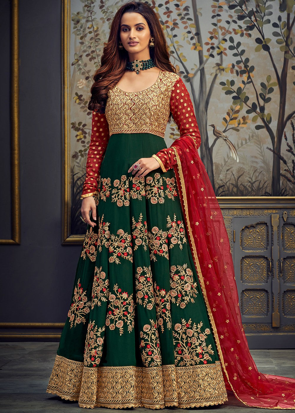 Green Swarovski Anarkali - Buy Net Abaya Style Anarkali Suit