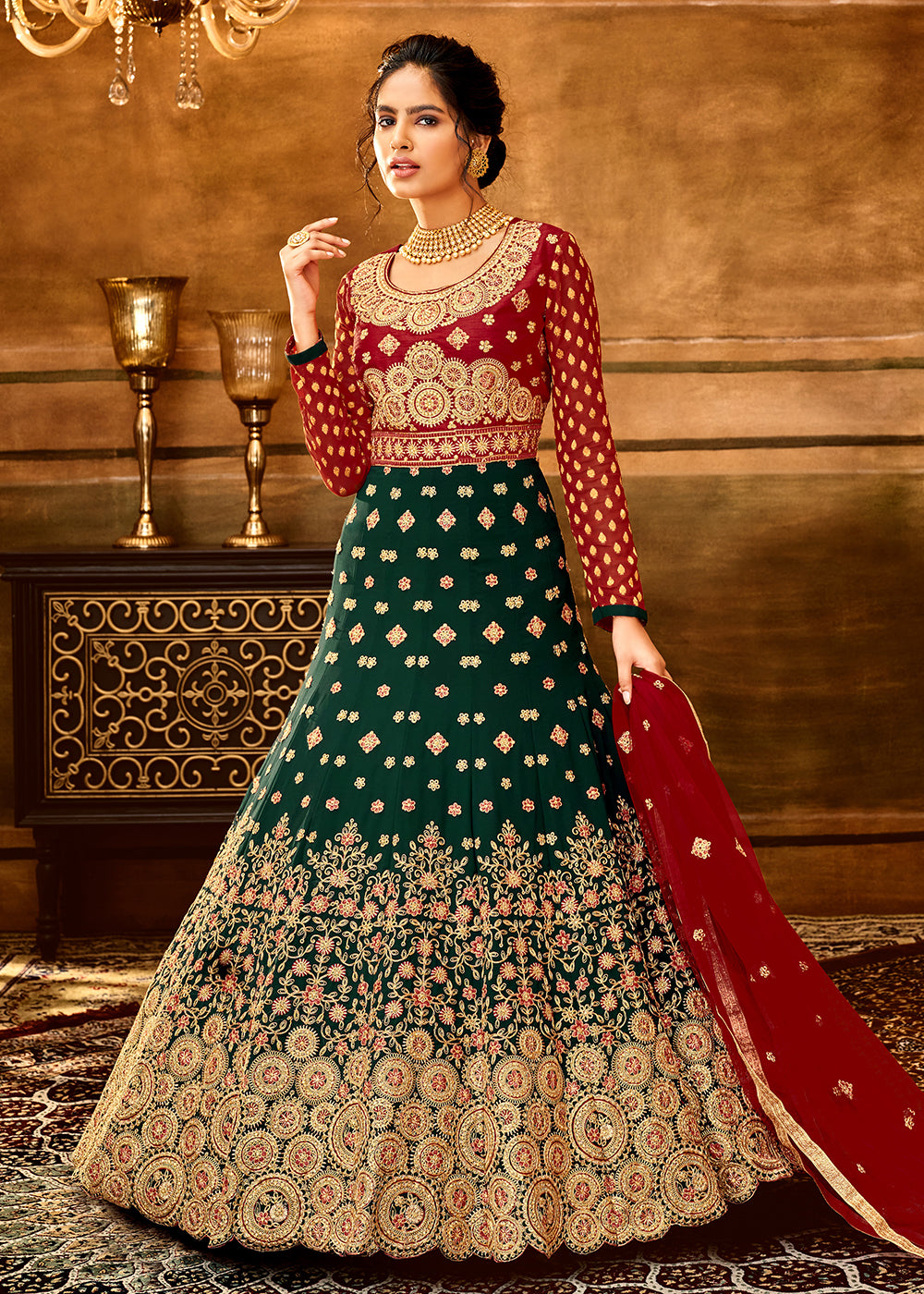 Buy Now Trendy Red & Dark Green Embroidered Wedding Anarkali Gown Online in USA, UK, Australia, New Zealand, Canada & Worldwide at Empress Clothing. 