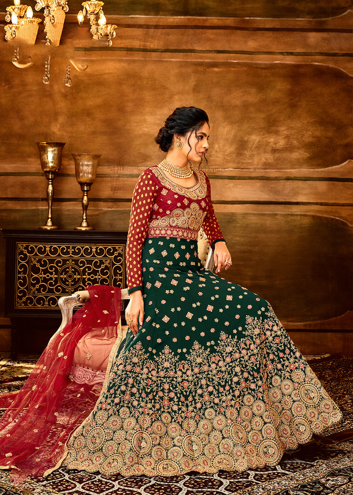Buy Now Trendy Red & Dark Green Embroidered Wedding Anarkali Gown Online in USA, UK, Australia, New Zealand, Canada & Worldwide at Empress Clothing. 