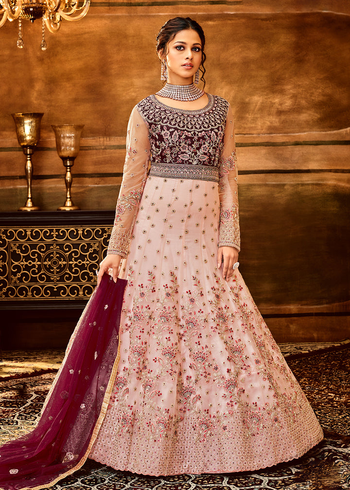 Buy Now Trendy Light Pink & Wine Embroidered Wedding Anarkali Gown Online in USA, UK, Australia, New Zealand, Canada & Worldwide at Empress Clothing. 