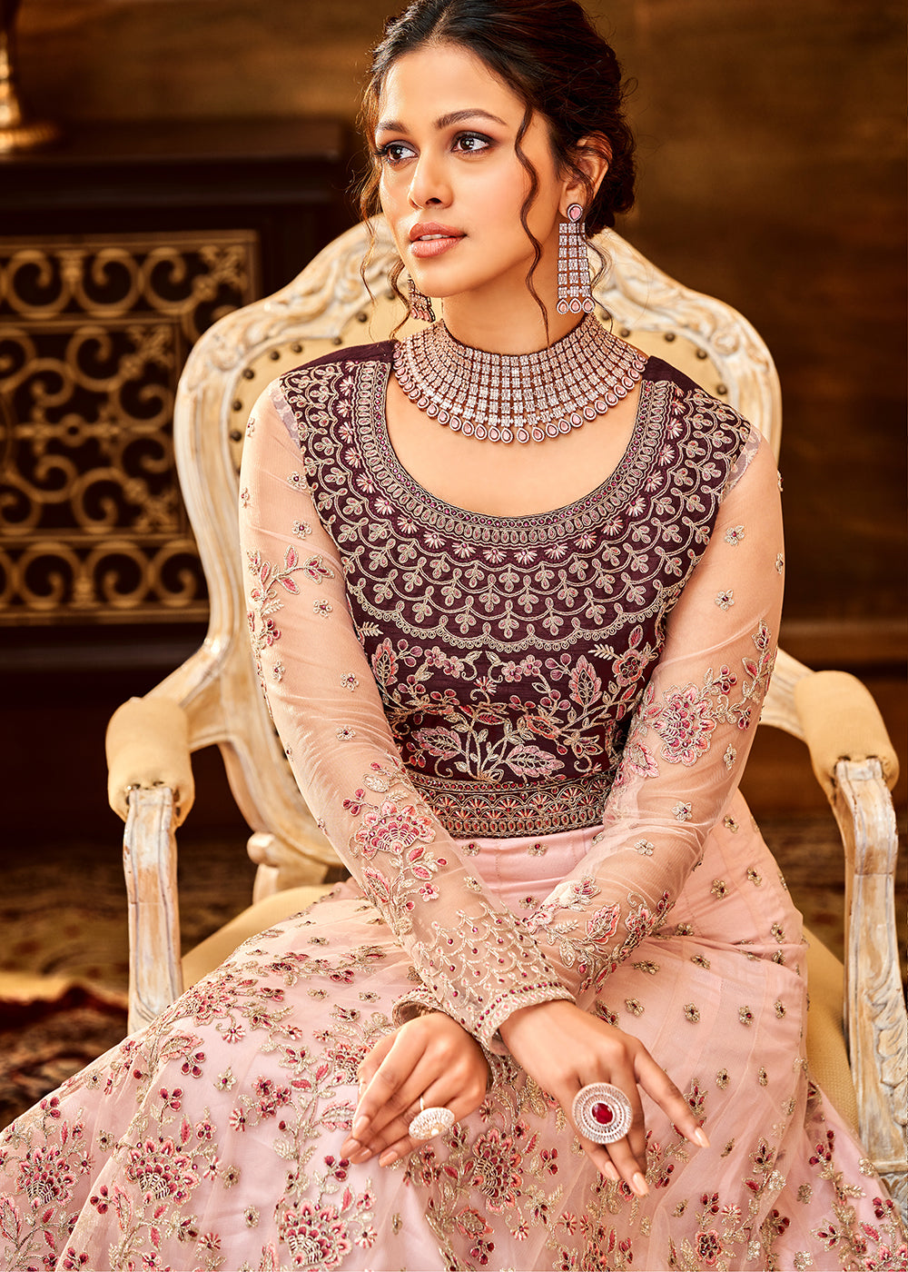 Buy Now Trendy Light Pink & Wine Embroidered Wedding Anarkali Gown Online in USA, UK, Australia, New Zealand, Canada & Worldwide at Empress Clothing. 