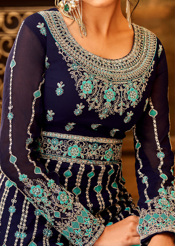 Buy Now Trendy Navy Blue & Aqua Embroidered Wedding Anarkali Gown Online in USA, UK, Australia, New Zealand, Canada & Worldwide at Empress Clothing.