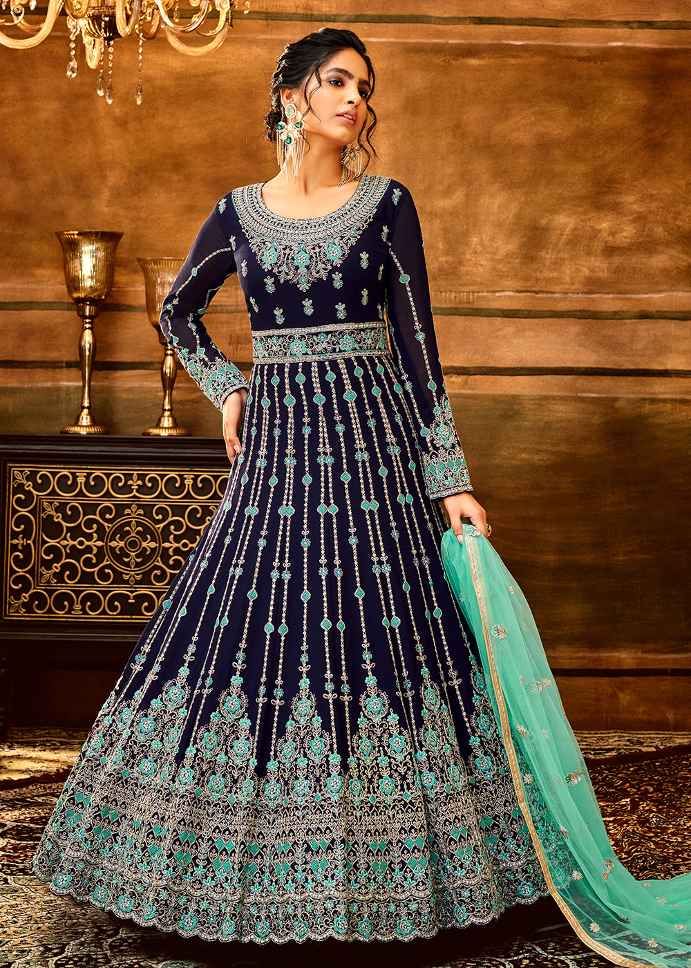 Buy Now Trendy Navy Blue & Aqua Embroidered Wedding Anarkali Gown Online in USA, UK, Australia, New Zealand, Canada & Worldwide at Empress Clothing.