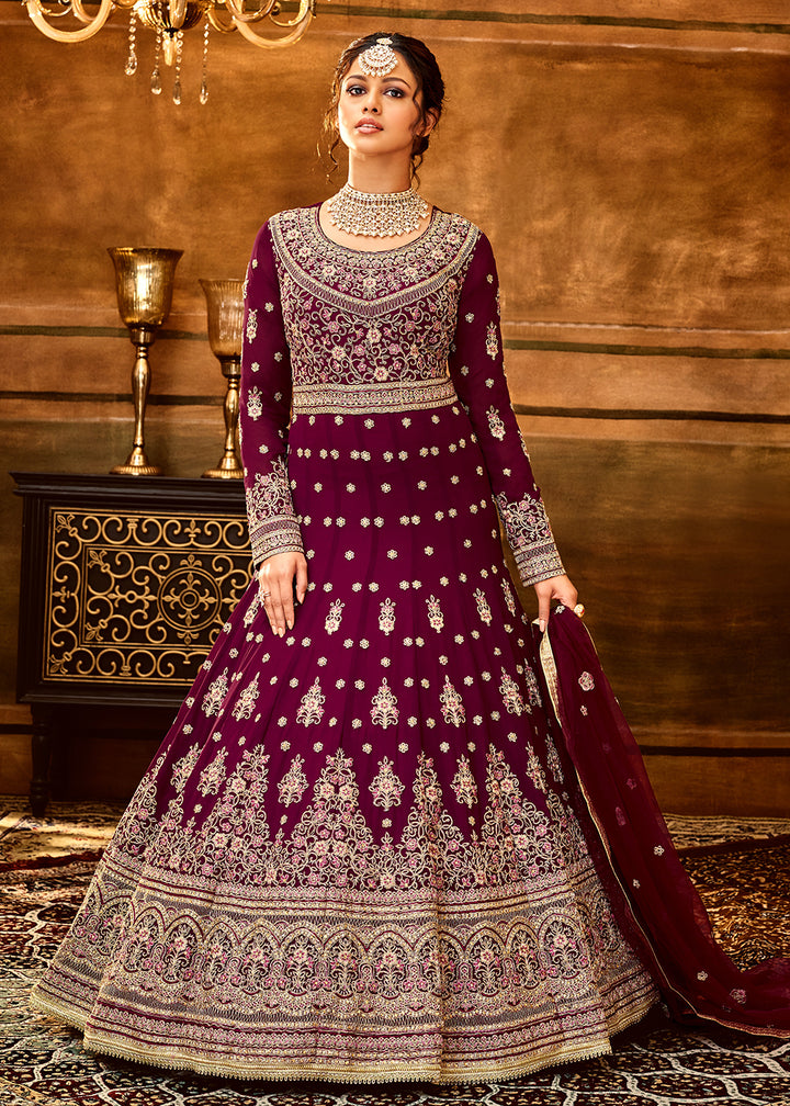 Buy Now Trendy Magenta Maroon Embroidered Wedding Anarkali Gown Online in USA, UK, Australia, New Zealand, Canada & Worldwide at Empress Clothing. 