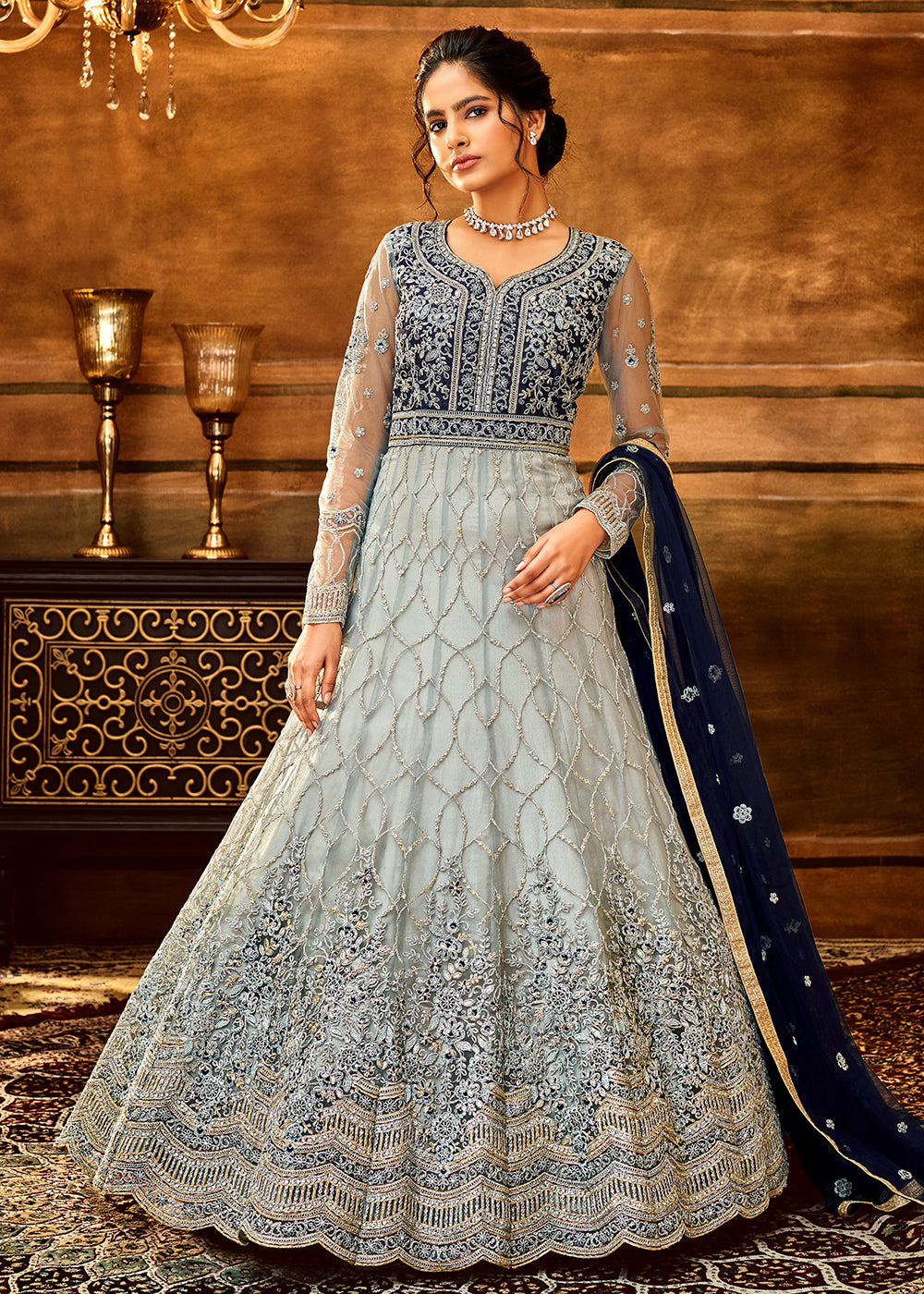 Buy Wedding Anarkali - Trendy Grey & Blue Embroidered Anarkali