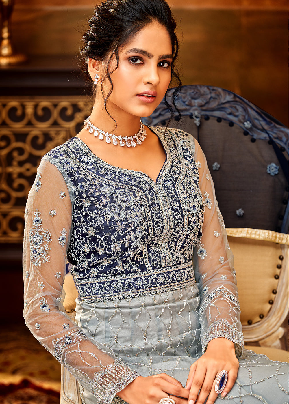 Buy Now Trendy Grey & Navy Blue Embroidered Wedding Anarkali Gown Online in USA, UK, Australia, New Zealand, Canada & Worldwide at Empress Clothing. 
