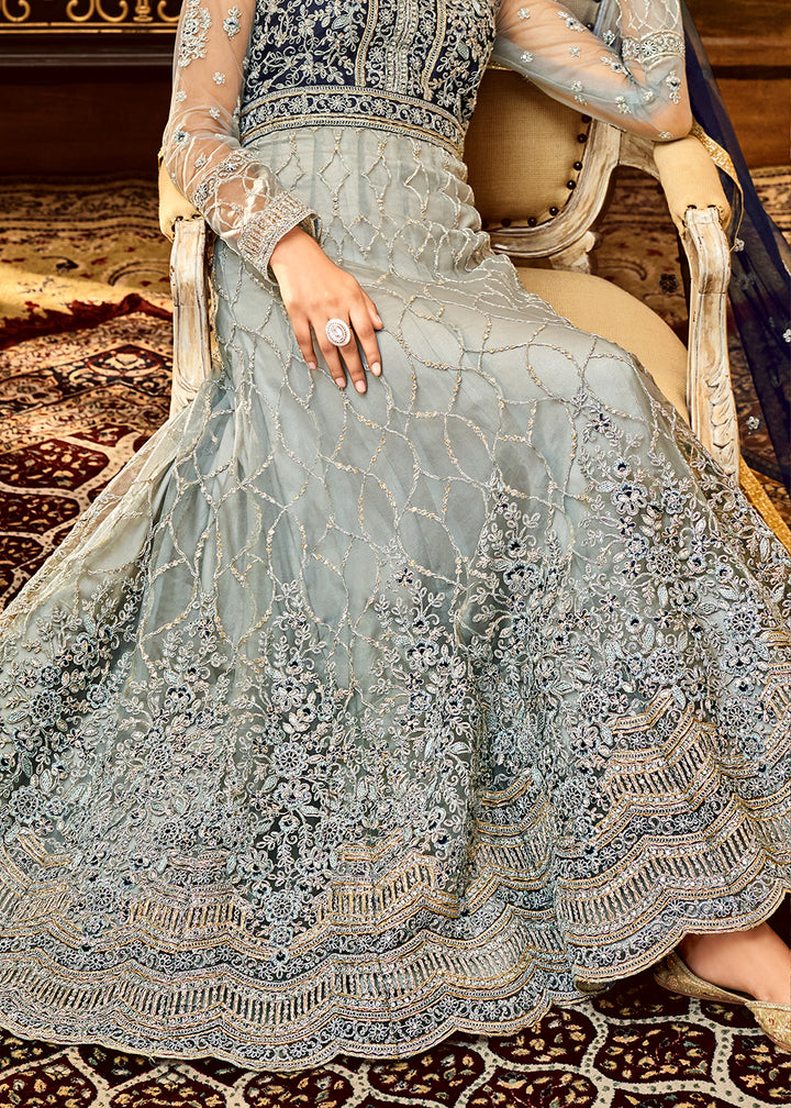 Buy Now Trendy Grey & Navy Blue Embroidered Wedding Anarkali Gown Online in USA, UK, Australia, New Zealand, Canada & Worldwide at Empress Clothing. 