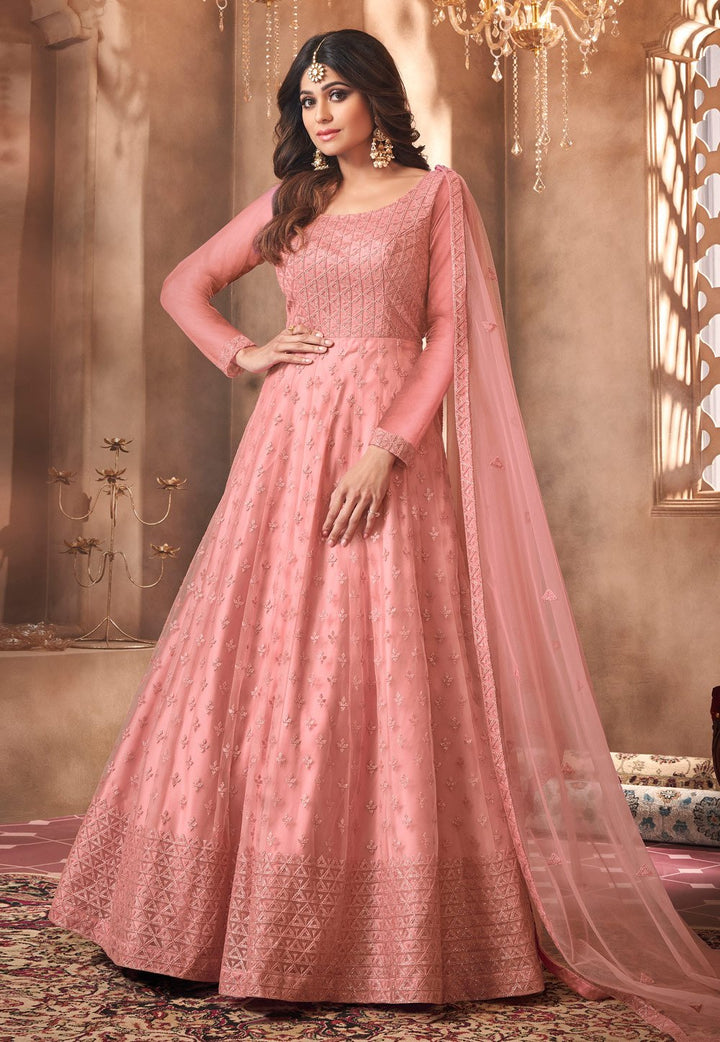 Alluring Pink Anarkali - Shamita Shetty Floor Length Anarkali