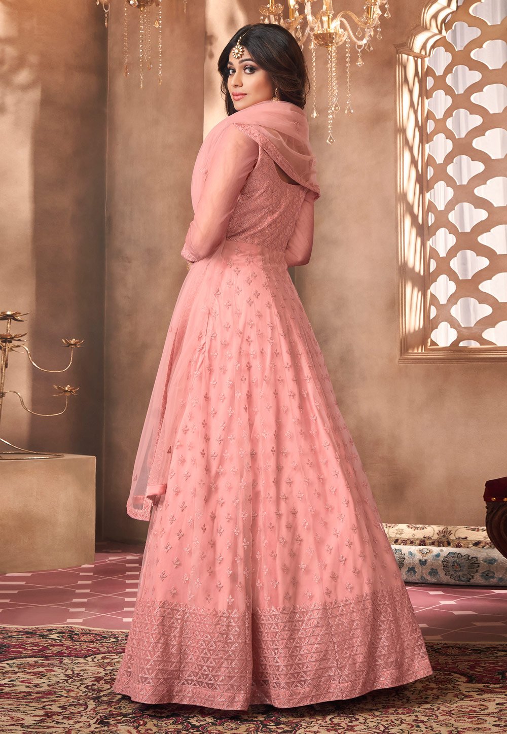 Alluring Pink Shamita Shetty Net Floor Length Anarkali Suit