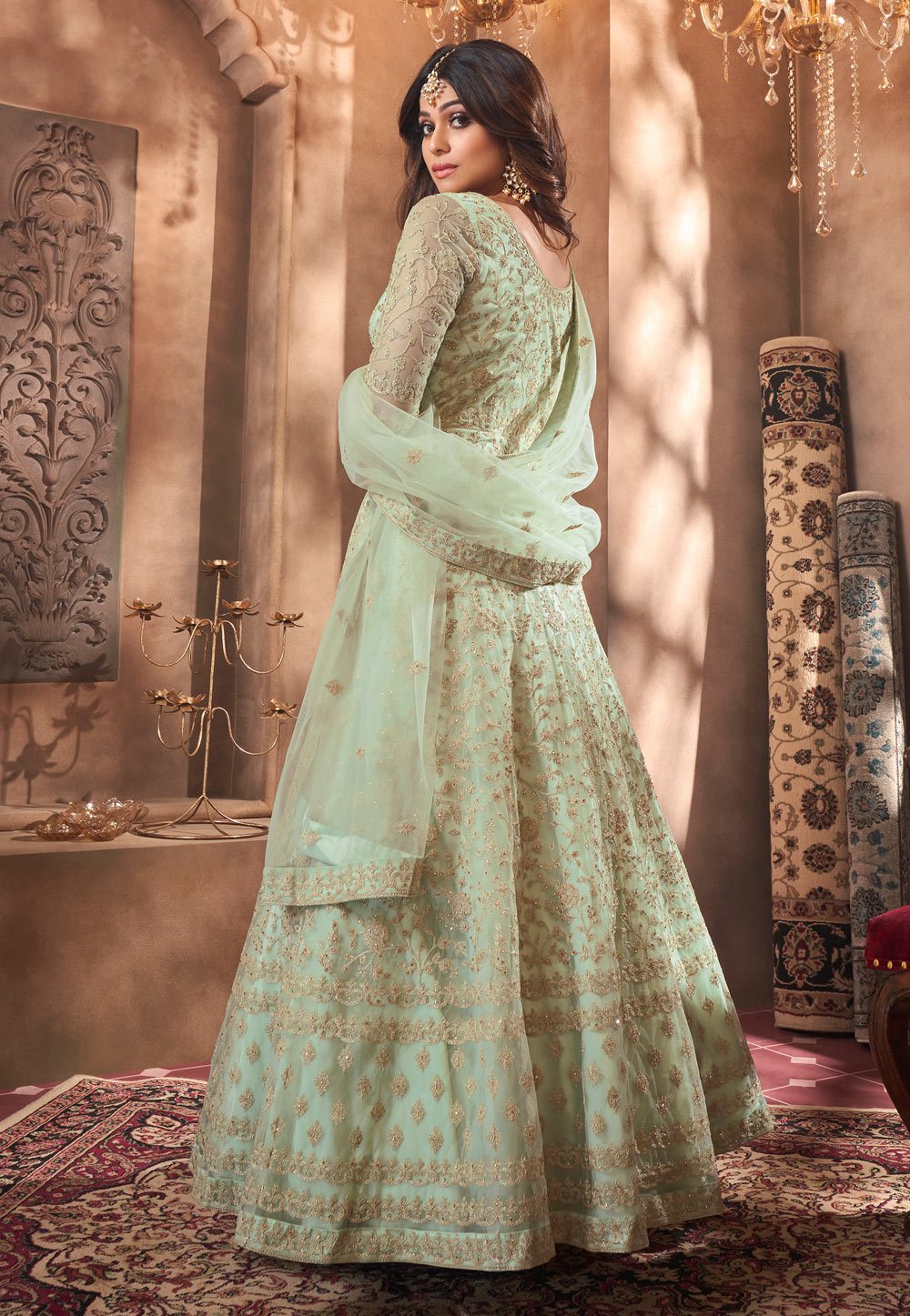 Fetching Green Shamita Shetty Net Floor Length Anarkali Suit