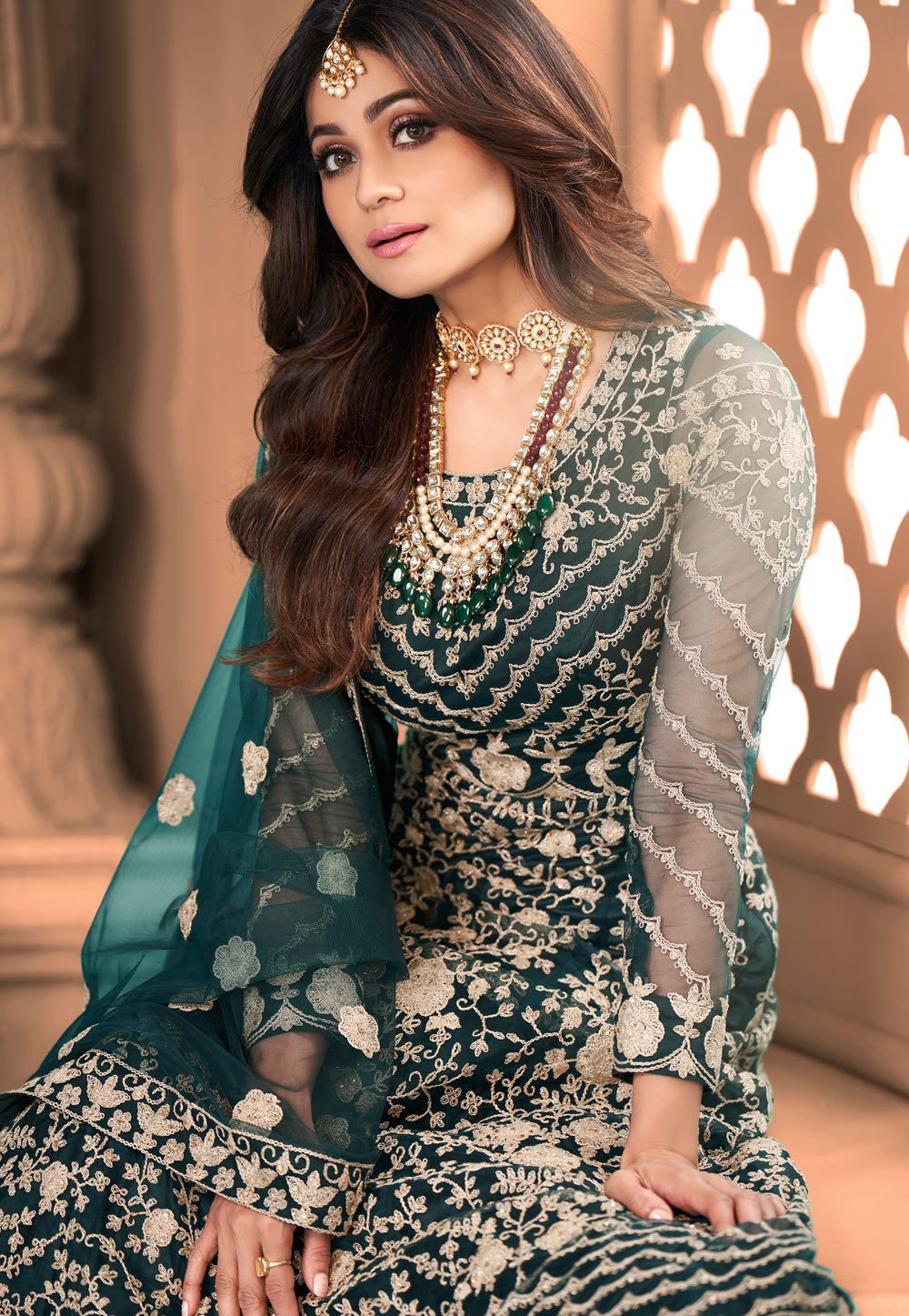 Captivating Teal Shamita Shetty Net Floor Length Anarkali Suit