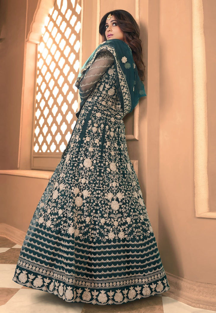 Captivating Teal Shamita Shetty Net Floor Length Anarkali Suit