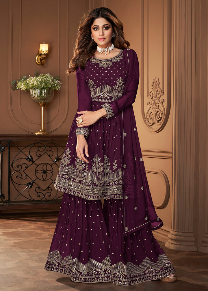 Shop Now Peplum Designed Plum Embroidered Sharara Suit Online at Empress Clothing in USA, UK, Canada, Germany & Worldwide.