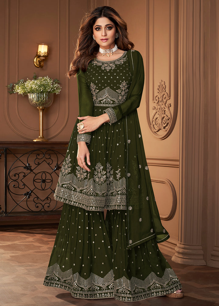 Shop Now Peplum Designed Mahendi Embroidered Sharara Suit Online at Empress Clothing in USA, UK, Canada, Germany & Worldwide.