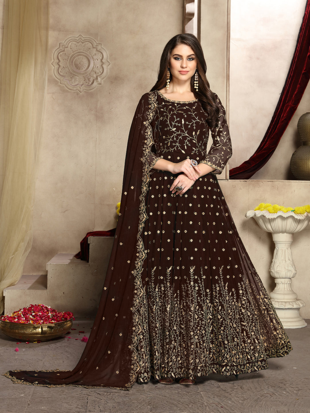 Buy Mocha Brown Heavy Embroidered Anarkali - Georgette Anarkali Suit Empress Clothing Buy Mocha Brown Heavy Embroidered Anarkali - Georgette Anarkali Suit Empress Clothing