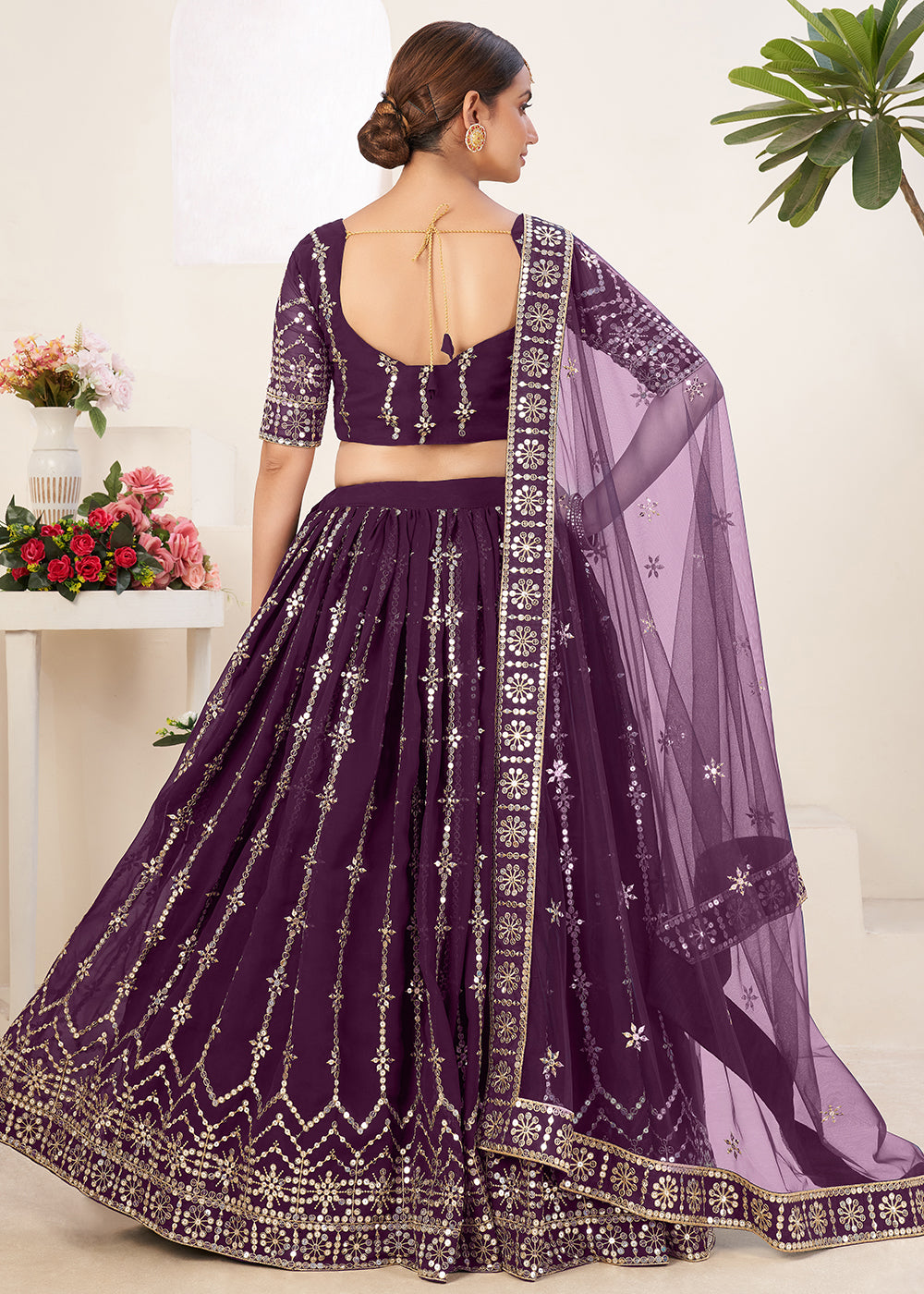 Buy Now Latest Purple Bordered Sequins Sangeet Wear Lehenga Choli Online in USA, UK, Canada & Worldwide at Empress Clothing.